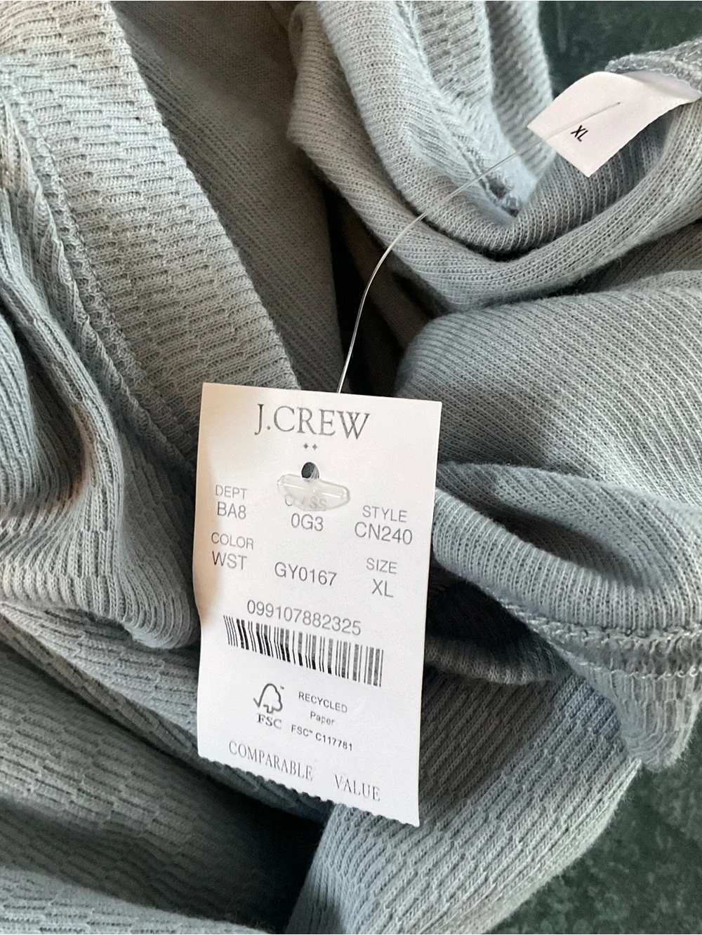 J.Crew Long-sleeve thermal crewneck tee Shirt T-shirt Winter Storm Blue XL NWT
